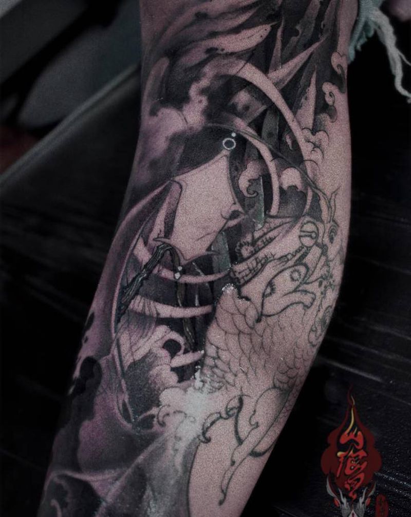 “冥”夜深了纹身图片_腿部新传统新传统金鱼纹身图案