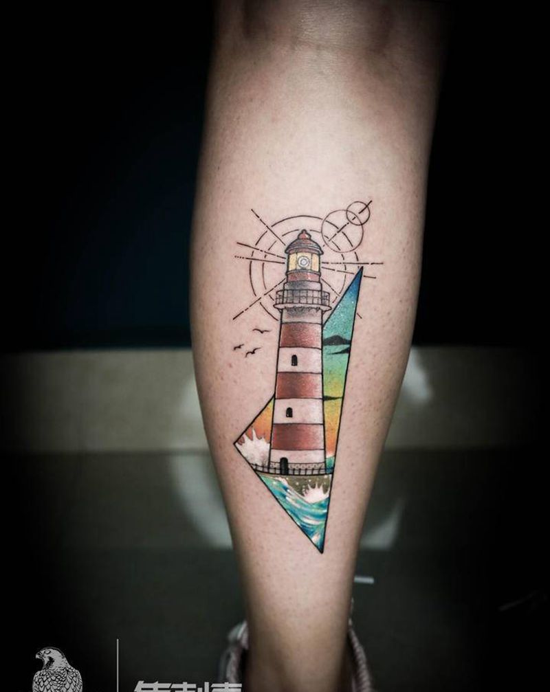 海岛灯塔纹身图片_腿部New School几何灯塔大海几何纹身图案