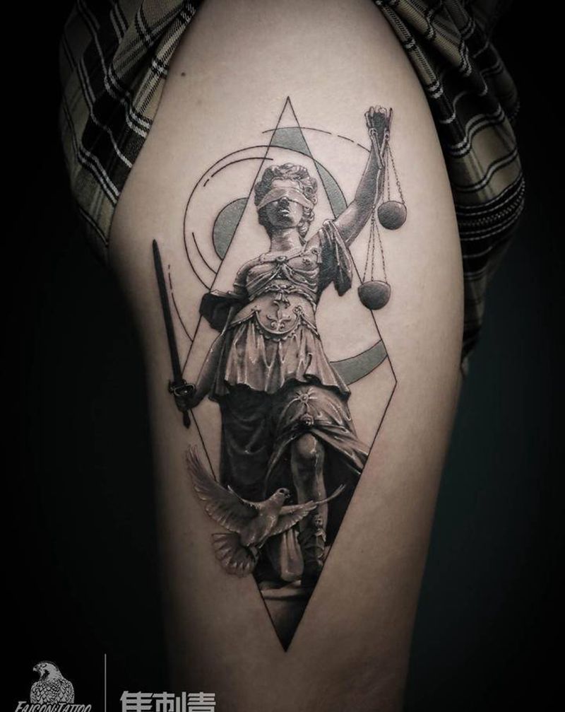 正义女神纹身图片_腿部欧美写实New School正义女神雕塑纹身图案