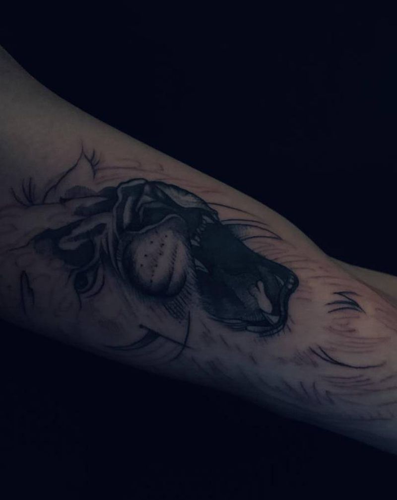 狮子未完成纹身图片_手臂欧美写实点刺纹身图案