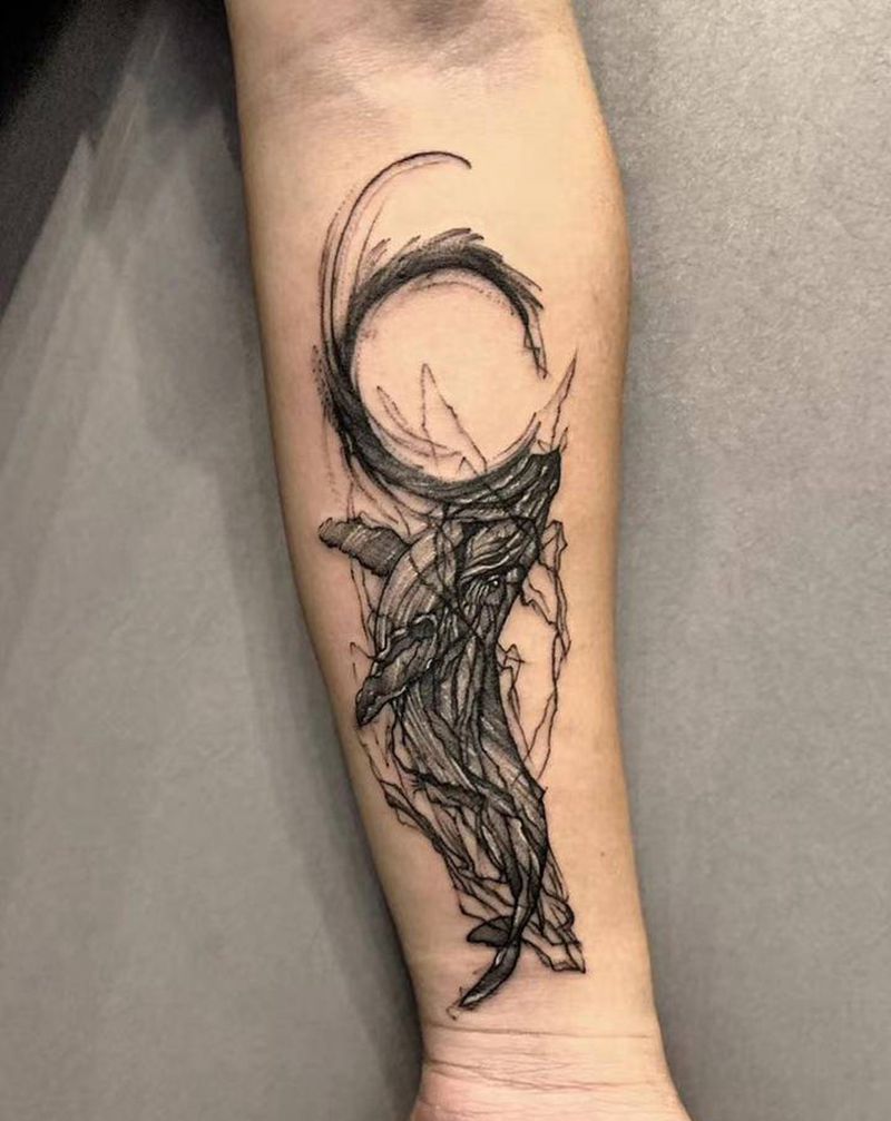 几何点刺鲸鱼纹身图片_手臂几何点刺纹身图案