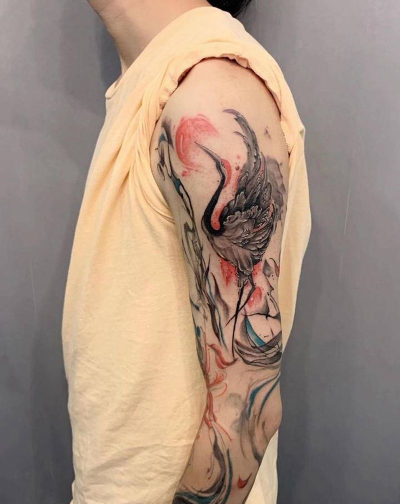 水墨鹤纹身图片_手臂手部水墨水彩纹身图案