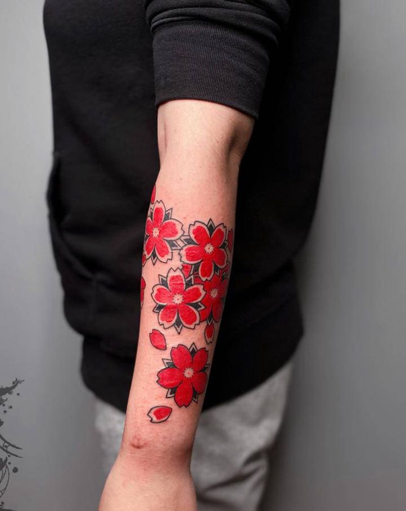 樱花纹身图片_手臂手部新传统纹身图案