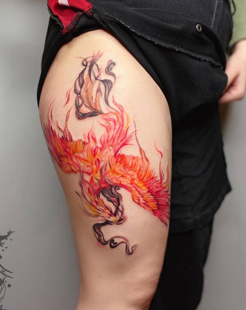 凤凰纹身图片_腿部水彩纹身图案