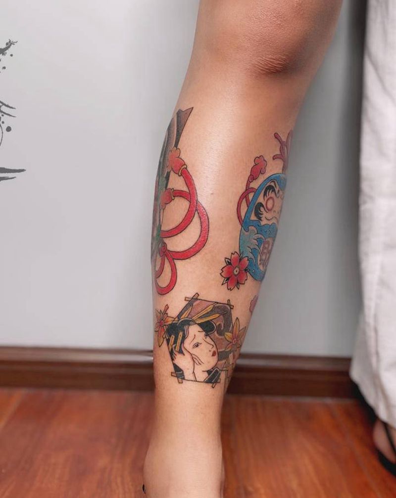 拼图日式纹身图片_脚部腿部老传统纹身图案