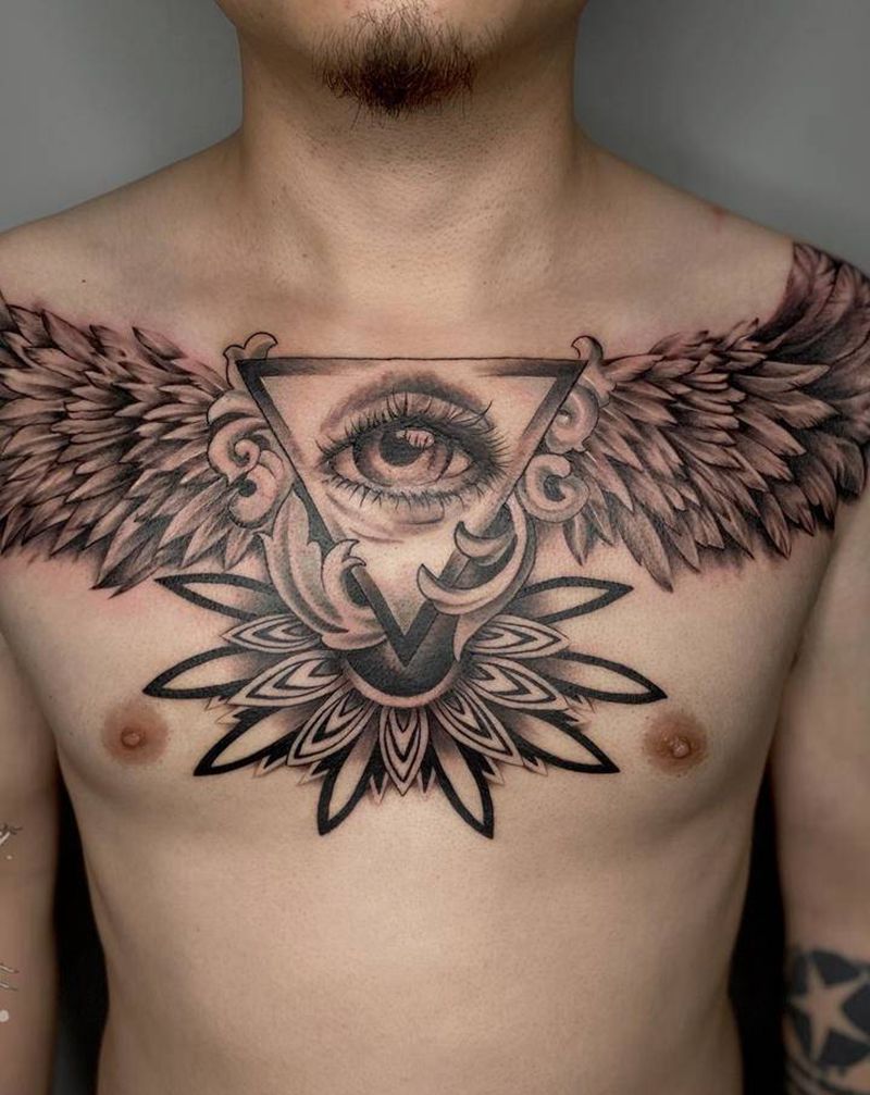 翅膀纹身图片_胸部欧美写实纹身图案