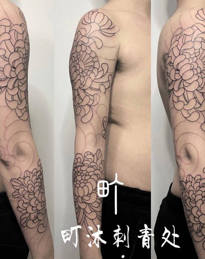 老传统花臂/菊花纹身图片_手臂老传统纹身图案