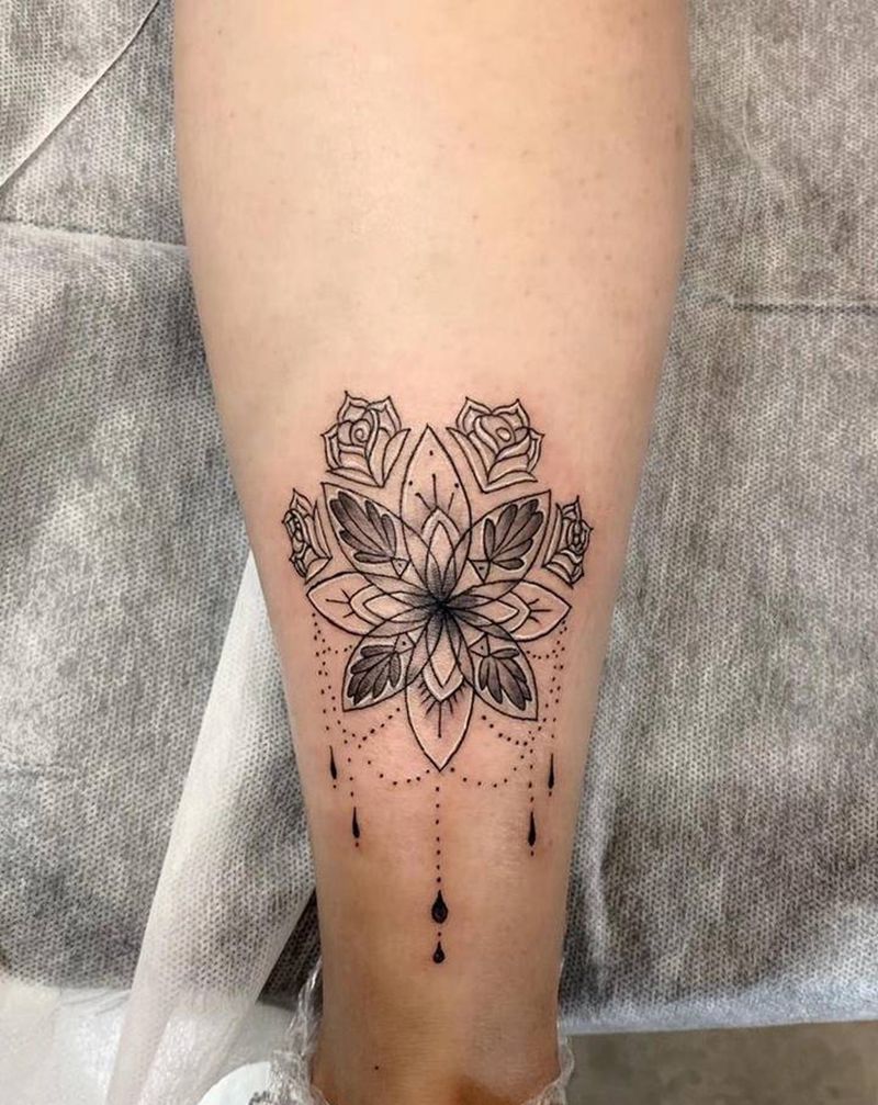 梵花纹身图片_腿部脚部图腾点刺纹身图案