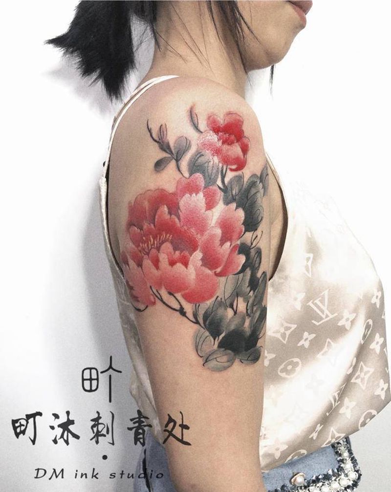 水墨/牡丹纹身图片_手臂水墨纹身图案