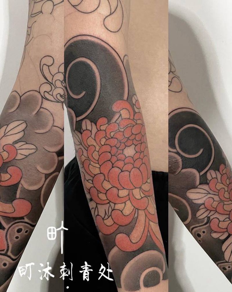 老传统花臂/菊花纹身图片_手臂老传统纹身图案