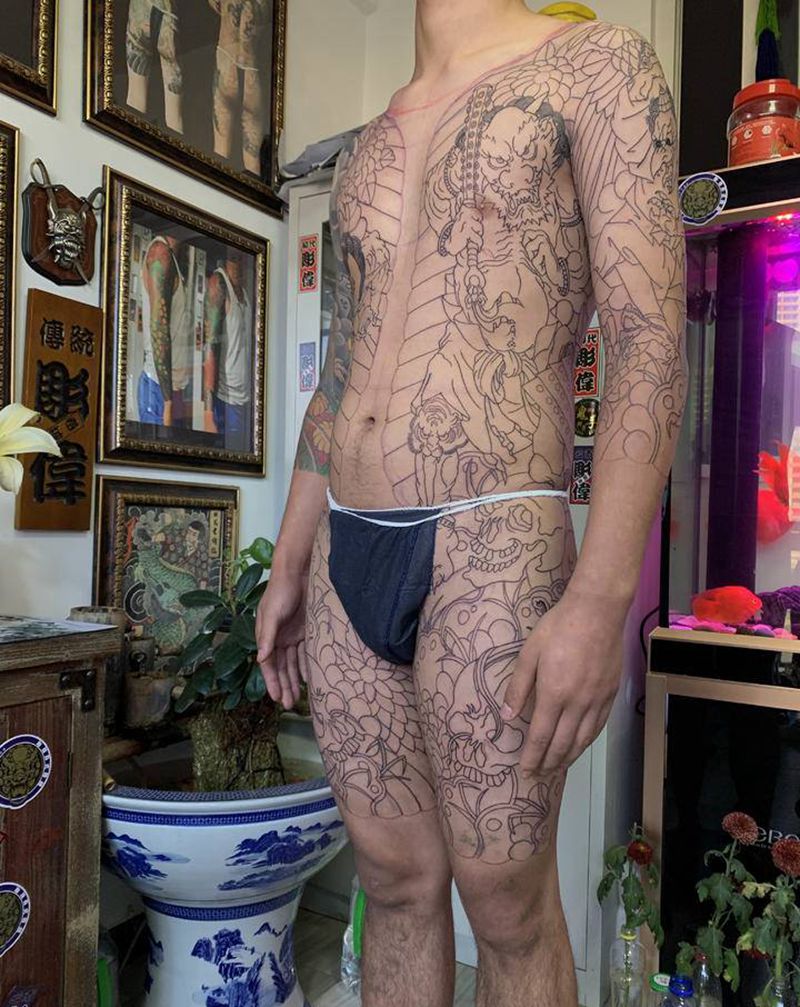 日式老传统通体纹身图片_背部手臂老传统纹身图案