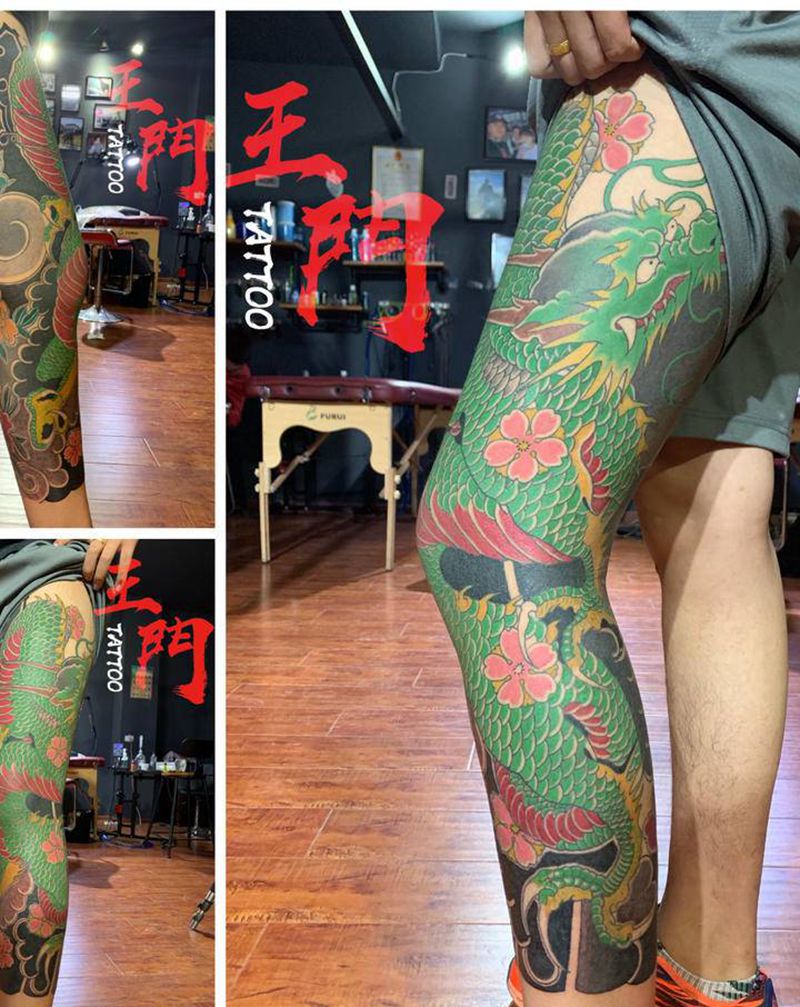 青龙纹身图片_腿部老传统纹身图案
