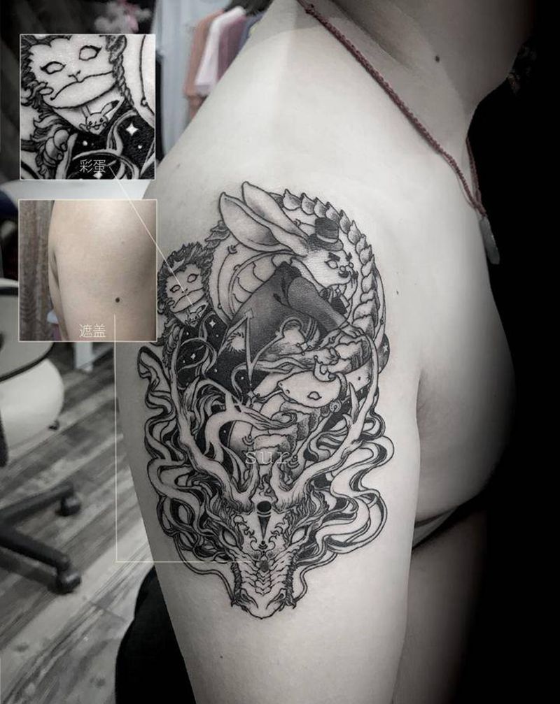 全家福纹身图片_手臂几何生肖纹身图案