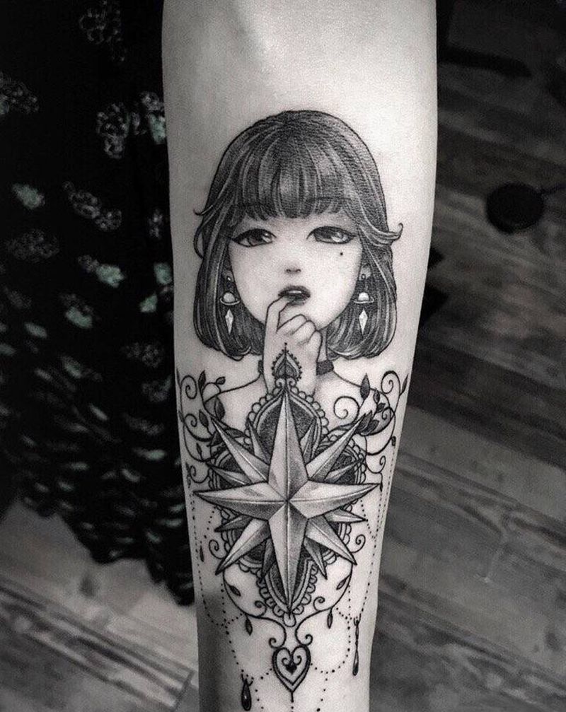 土萌莹纹身图片_手臂手部点刺几何美少女纹身图案