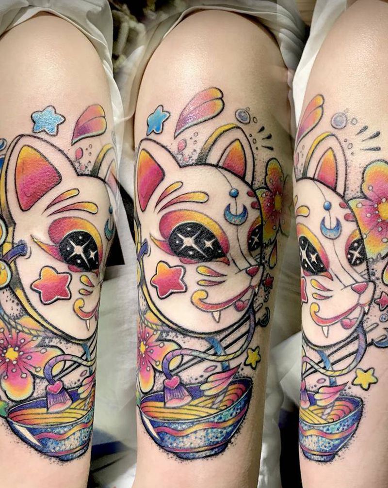 狐狸面具纹身图片_手臂手部新传统狐狸面具拉面纹身图案