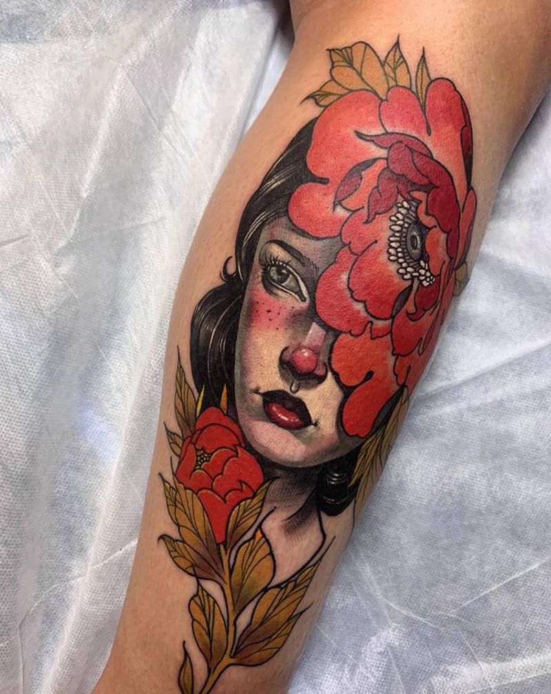 女郎纹身图片_腿部New School欧美写实纹身图案