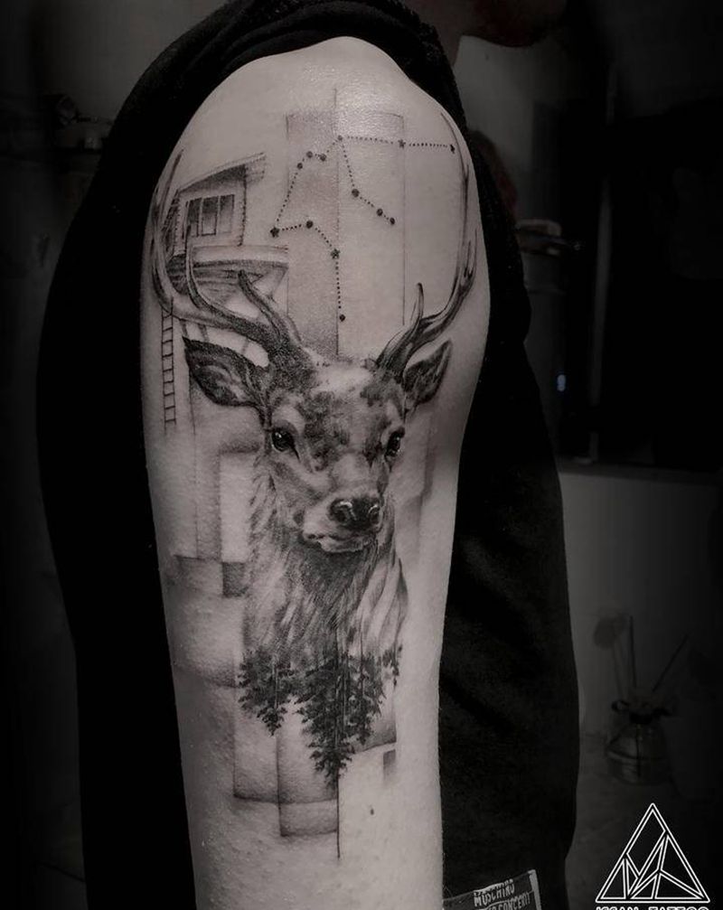 鹿与水瓶座纹身图片_手臂手部几何鹿水瓶座纹身图案