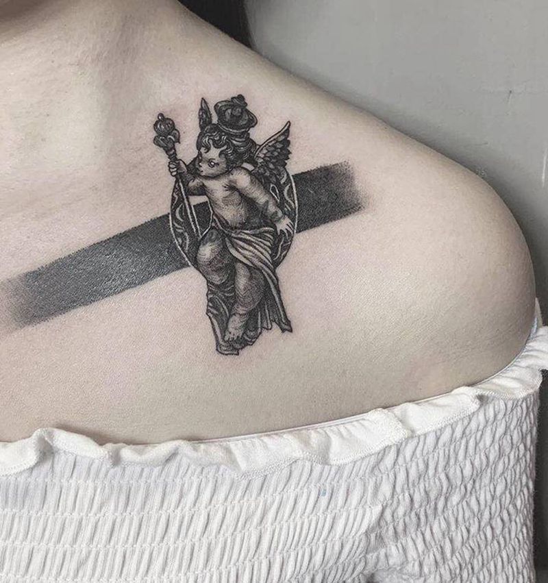 英文遮盖-暗黑小天使纹身图片_胸部欧美写实纹身图案