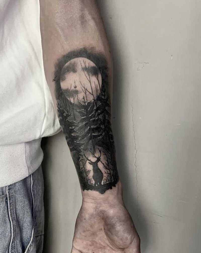 黑灰小臂森林鹿纹身图片_手臂欧美写实纹身图案