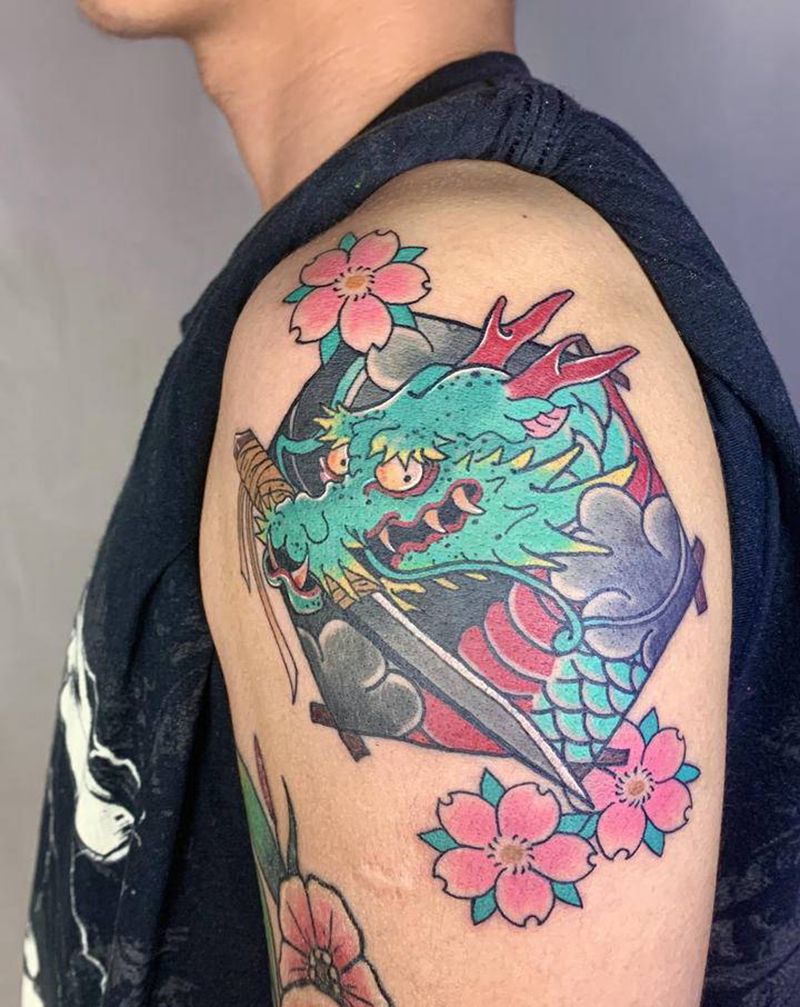 日式新传统青龙风筝纹身图片_手臂新传统纹身图案