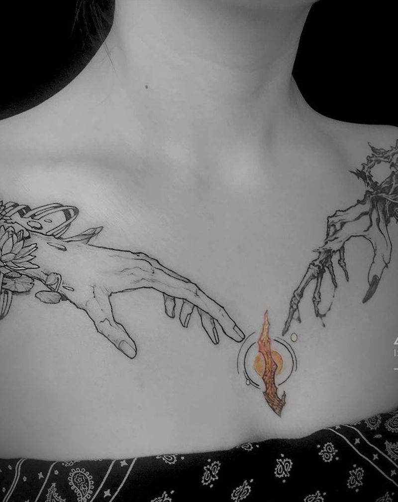 暗黑对称手骨纹身图片_胸部几何手骨莲花纹身图案