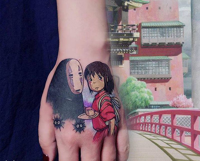 手背遮盖小千无脸男纹身图片_手部水彩新传统卡通纹身图案