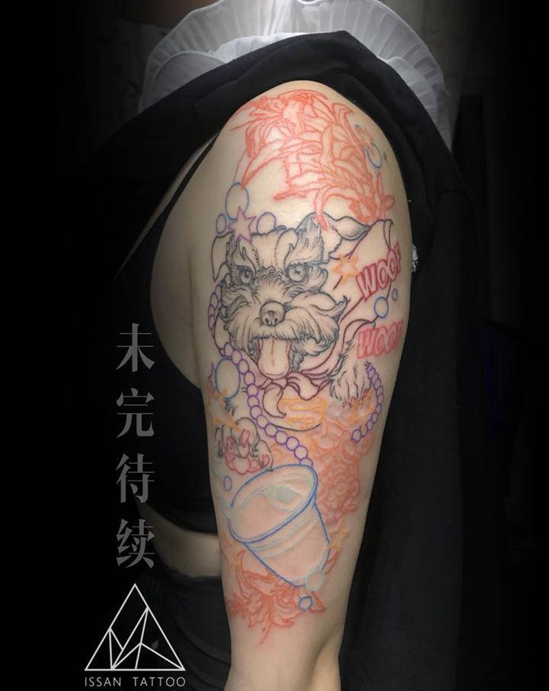 雪纳瑞纹身图片_手臂手部New School宠物雪纳瑞聚宝盆纹身图案