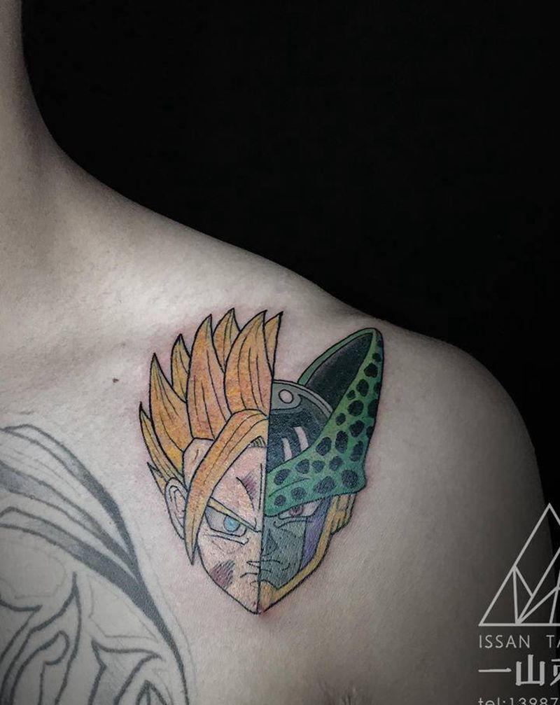 对决纹身图片_肩部龙珠悟饭沙鲁纹身图案