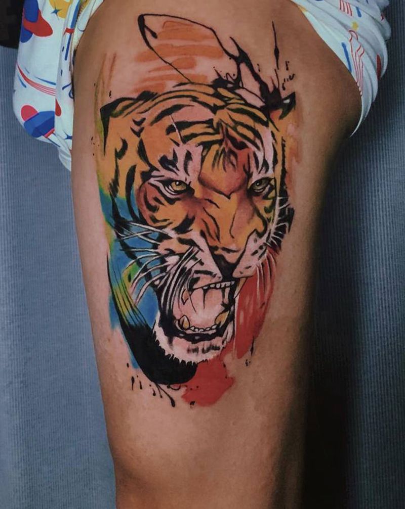 水彩老虎纹身图片_腿部水彩纹身图案
