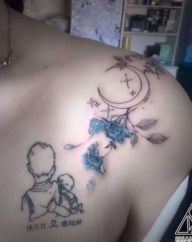 星月花影纹身图片_肩部素花小清新花朵纹身图案