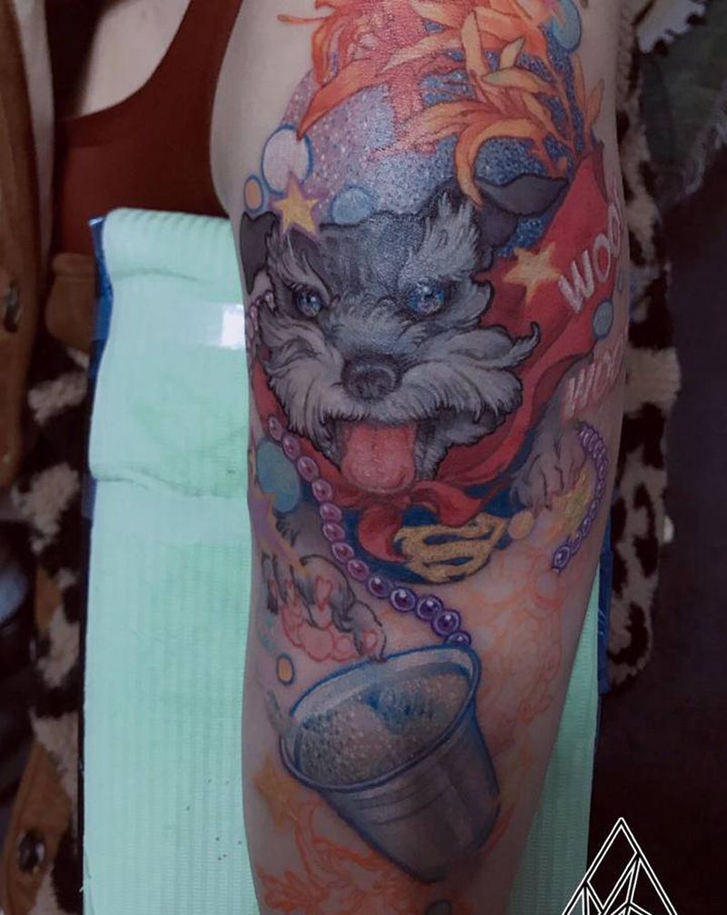 雪纳瑞糯米纹身图片_手臂New School宠物雪纳瑞纹身图案