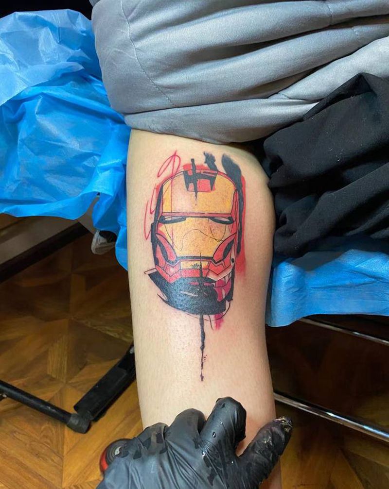 Iron man纹身图片_腿部New School水彩纹身图案