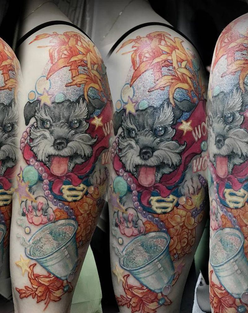 雪纳瑞糯米纹身图片_手臂New School宠物雪纳瑞彩色宠物纹身图案