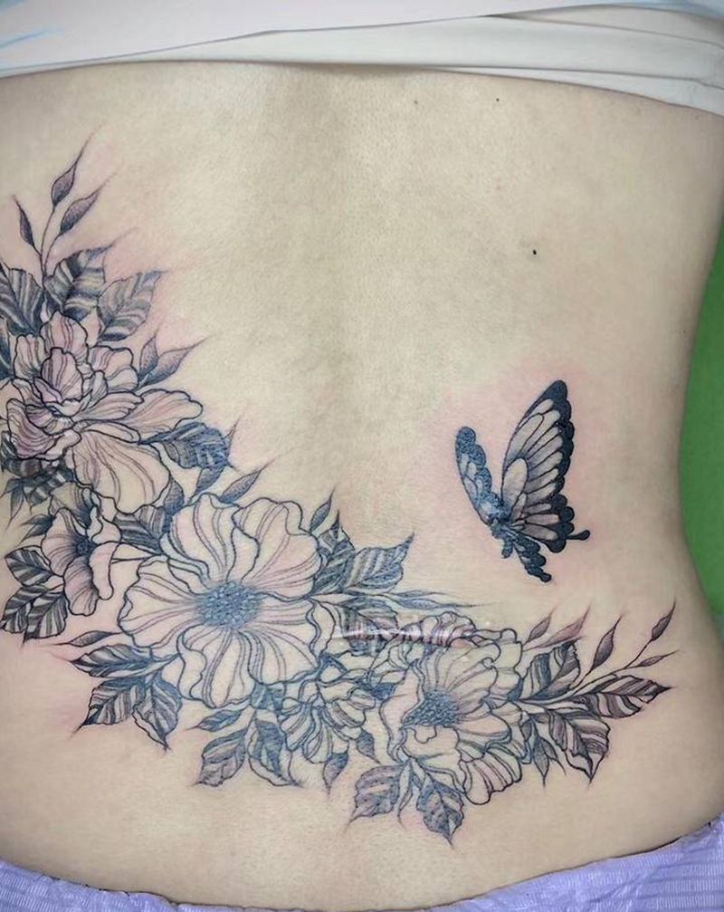 素花疤痕遮盖纹身图片_腰部纹身图案