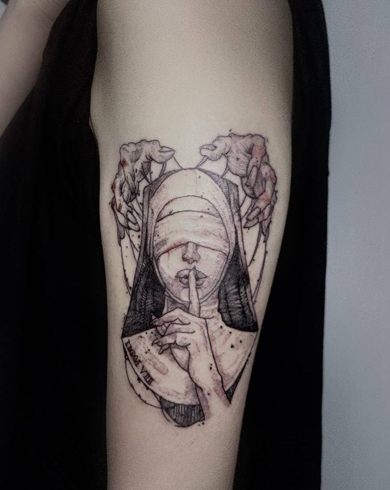修女纹身图片_手臂点刺纹身图案