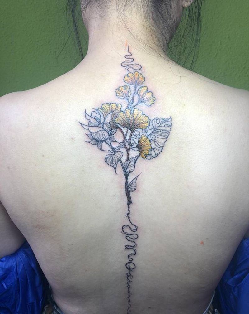 银杏纹身图片_颈部水彩银杏纹身图案