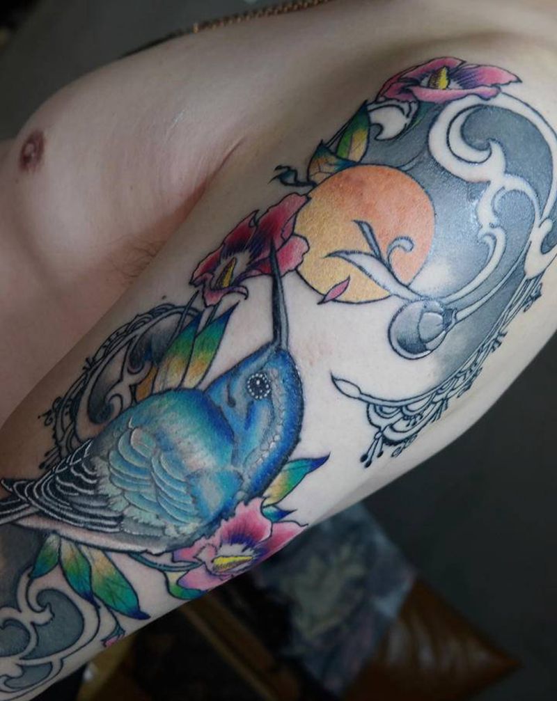 翠鸟纹身图片_手臂新传统水彩纹身图案
