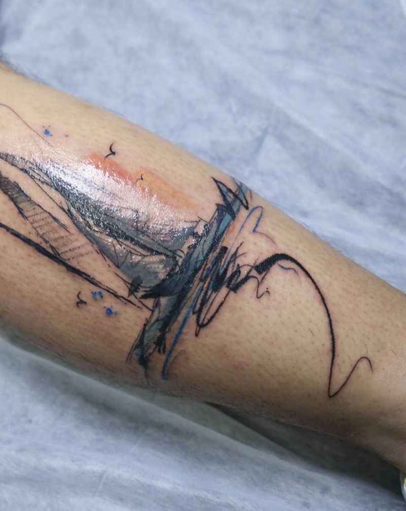 速写淡彩帆船⛵️纹身图片_腿部手臂水彩水墨纹身图案