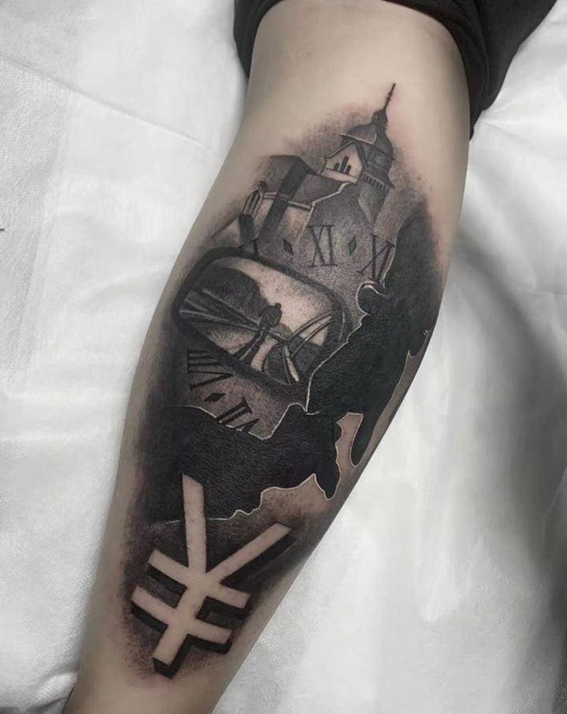 父亲纹身图片_腿部欧美写实纹身图案