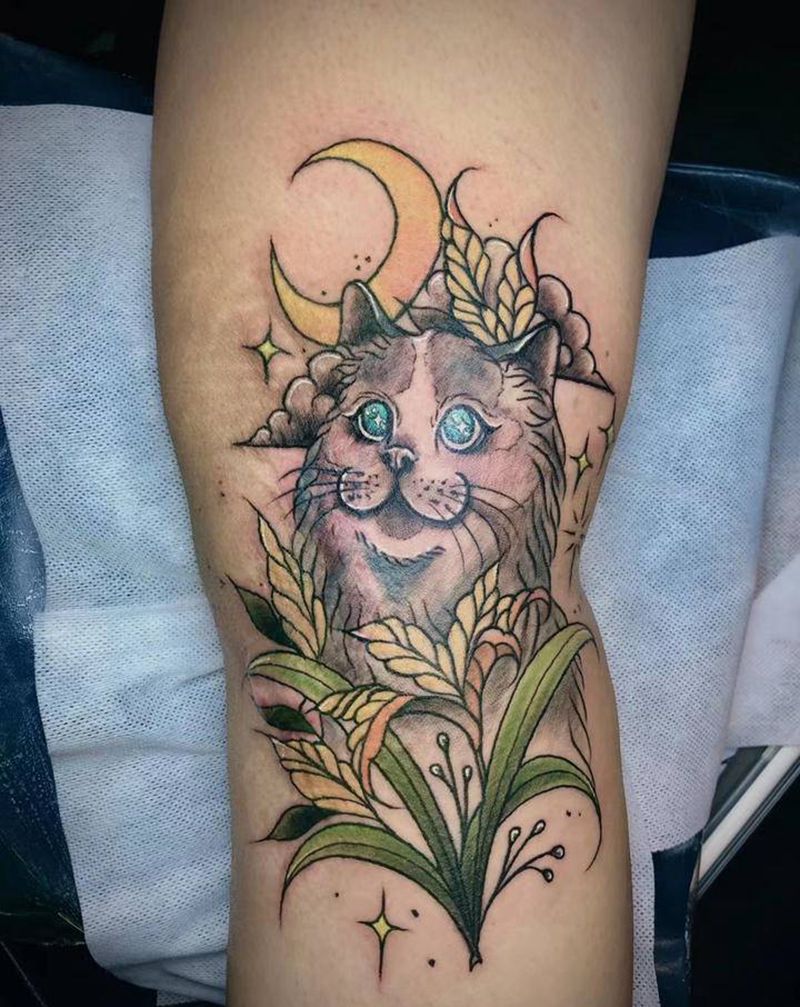 猫猫遮盖疤痕纹身图片_脚部腿部New School猫遮盖纹身图案