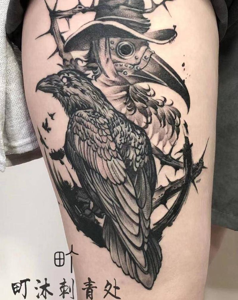 乌鸦纹身图片_腿部点刺纹身图案