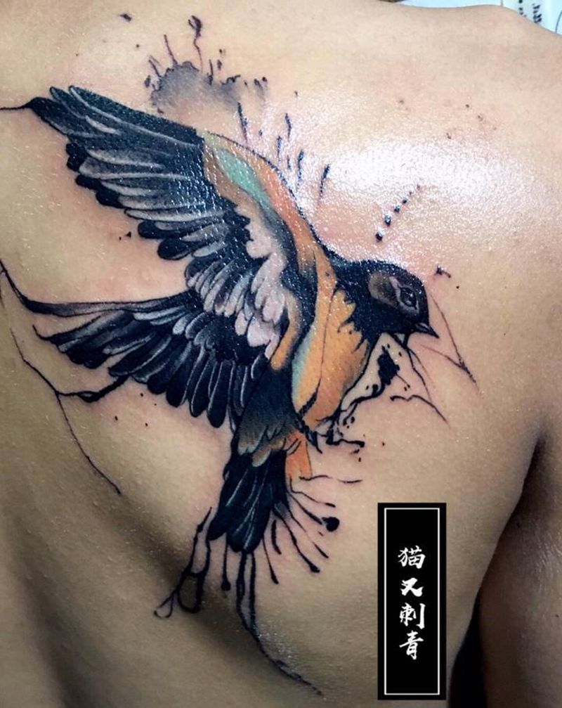 燕子纹身图片_背部水彩纹身图案