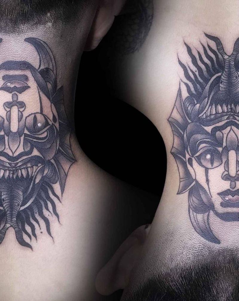 双面人纹身图片_颈部纹身图案