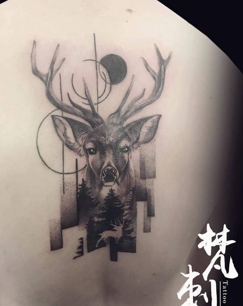 小鹿纹身图片_背部纹身图案