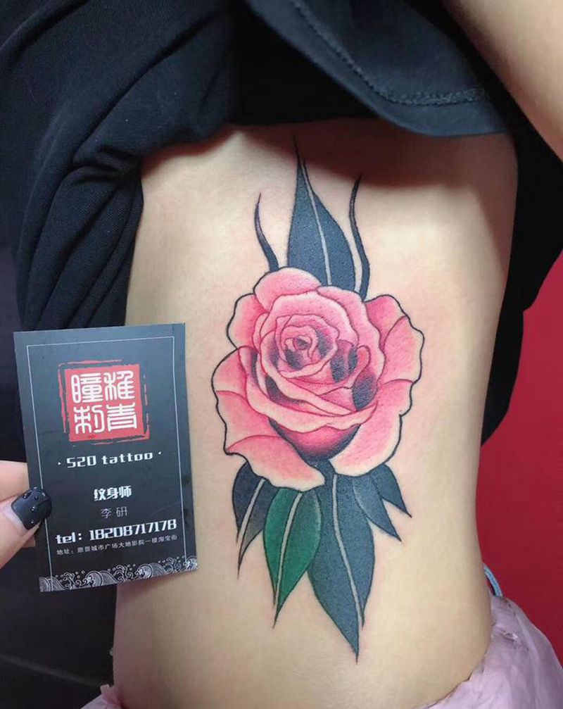 玫瑰纹身图片_腰部New School水彩玫瑰纹身图案