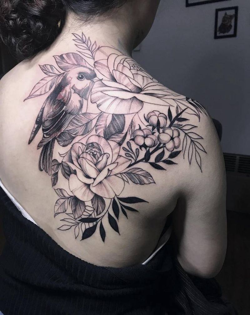 素花遮盖(未完)纹身图片_背部纹身图案