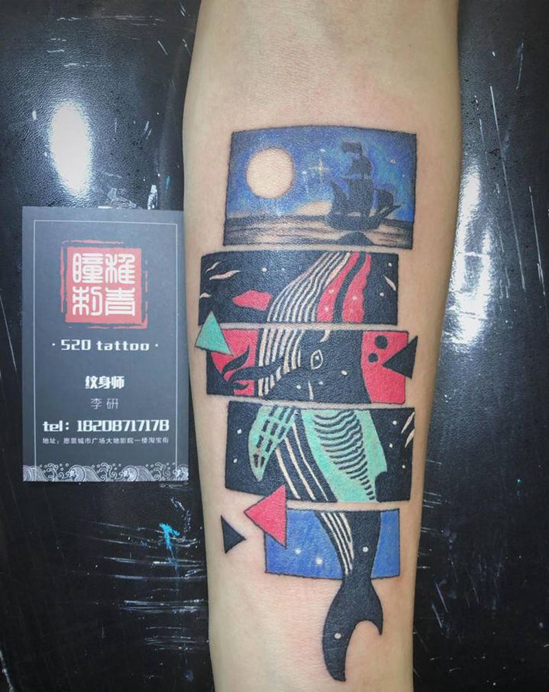 鲸鱼纹身图片_手臂水彩几何板画纹身图案