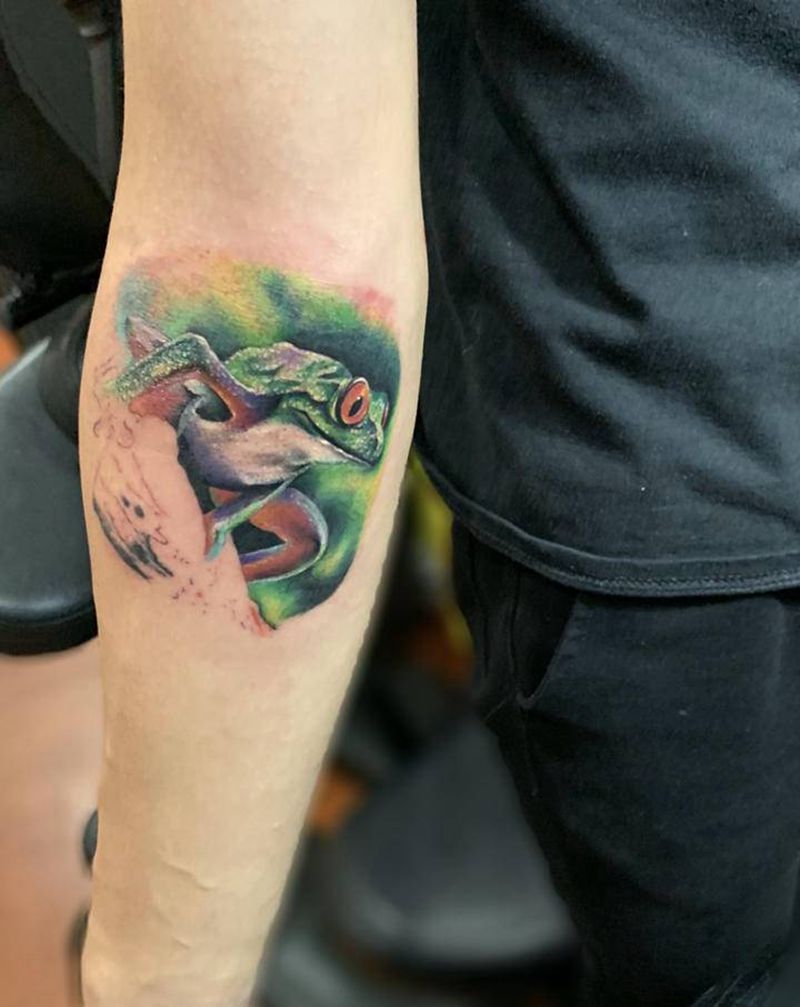 彩色写实青蛙纹身图片_手臂欧美写实纹身图案