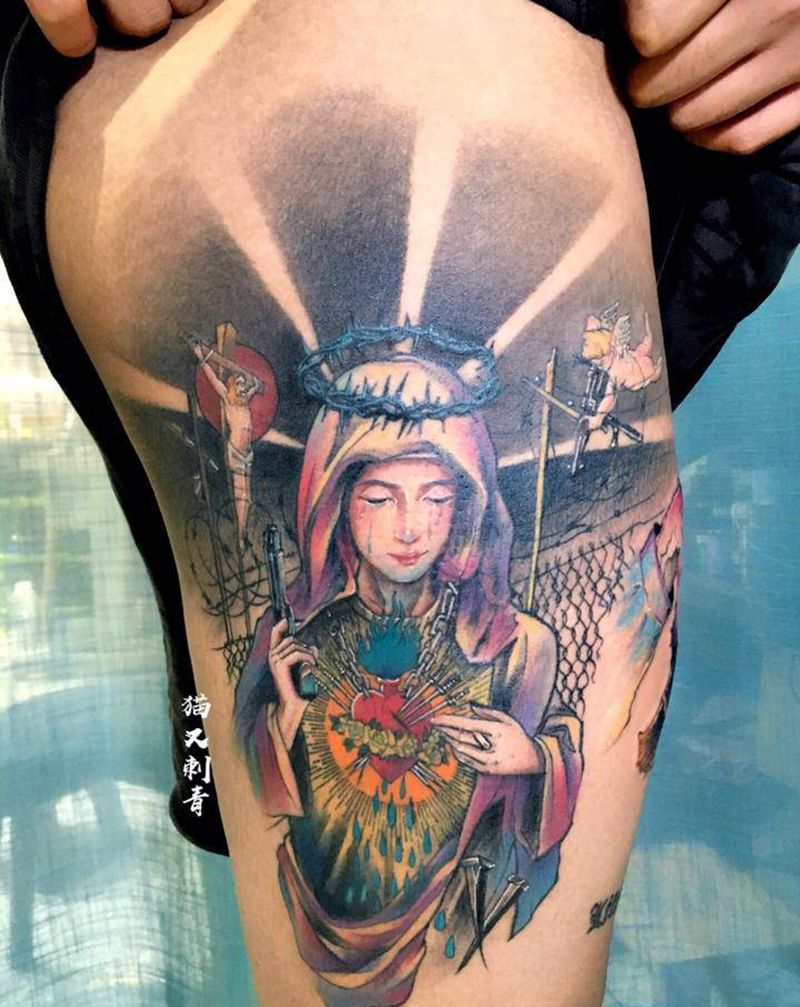 圣母纹身图片_腿部New School纹身图案