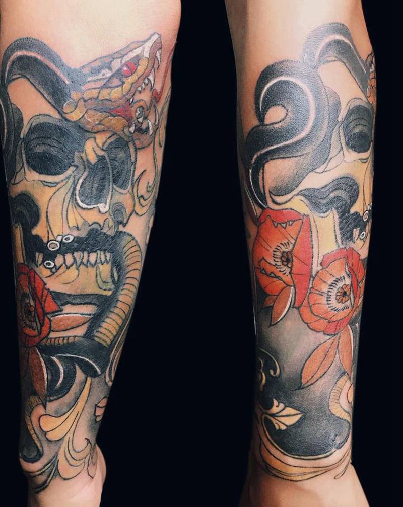 骷髅蛇沙漏兔子纹身图片_手臂纹身图案